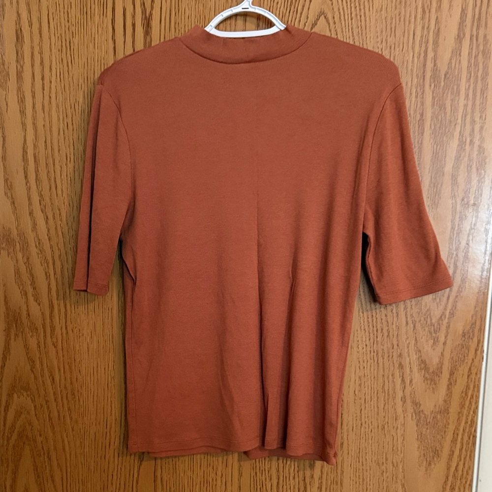 A New Day Rust Orange Mock Neck Elbow Length Sleeve Rib Knit Shirt Top Size M